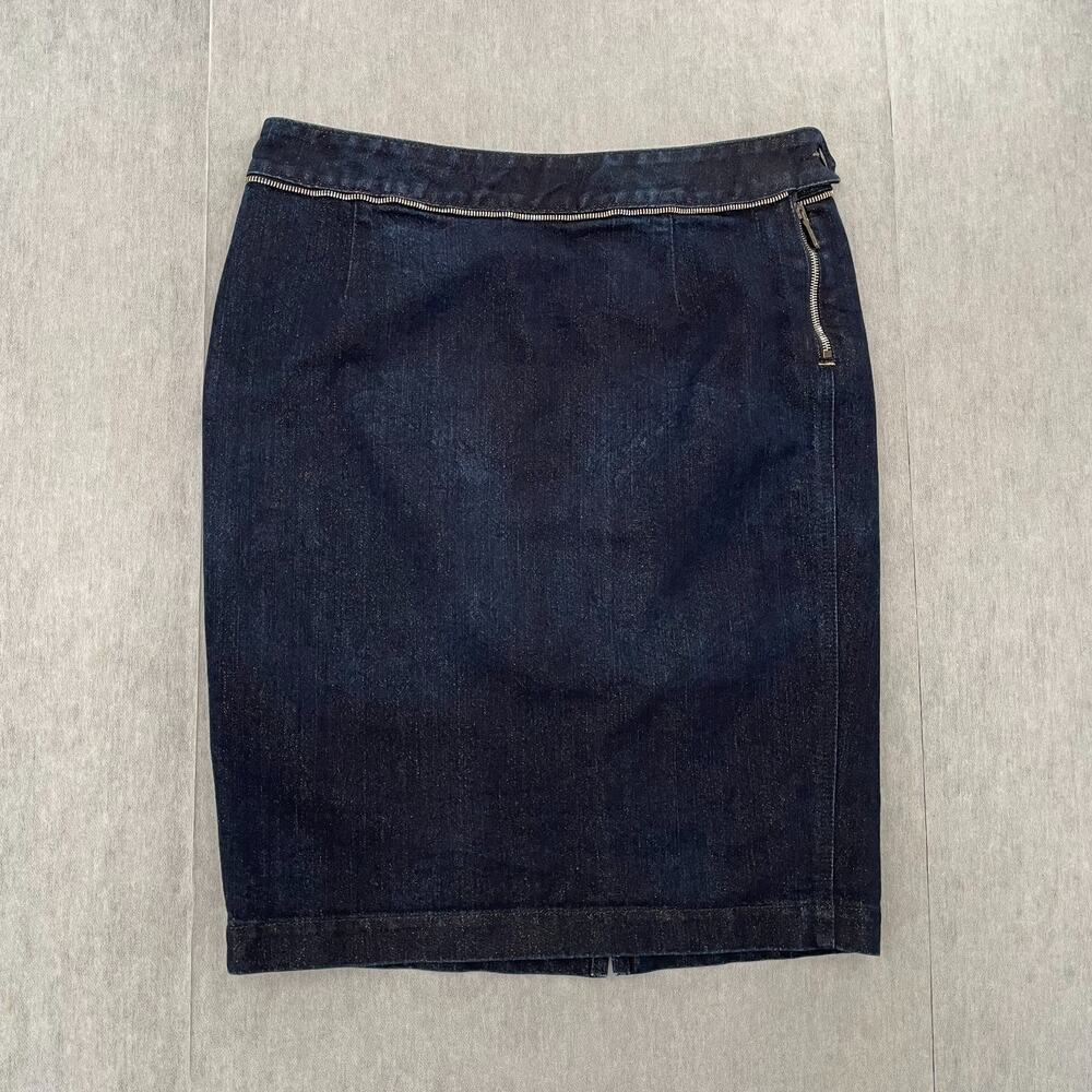 YSL Saint Laurent Skirt Womens 42 Blue Gold Lined Denim Rive Gauche Paris Ladies